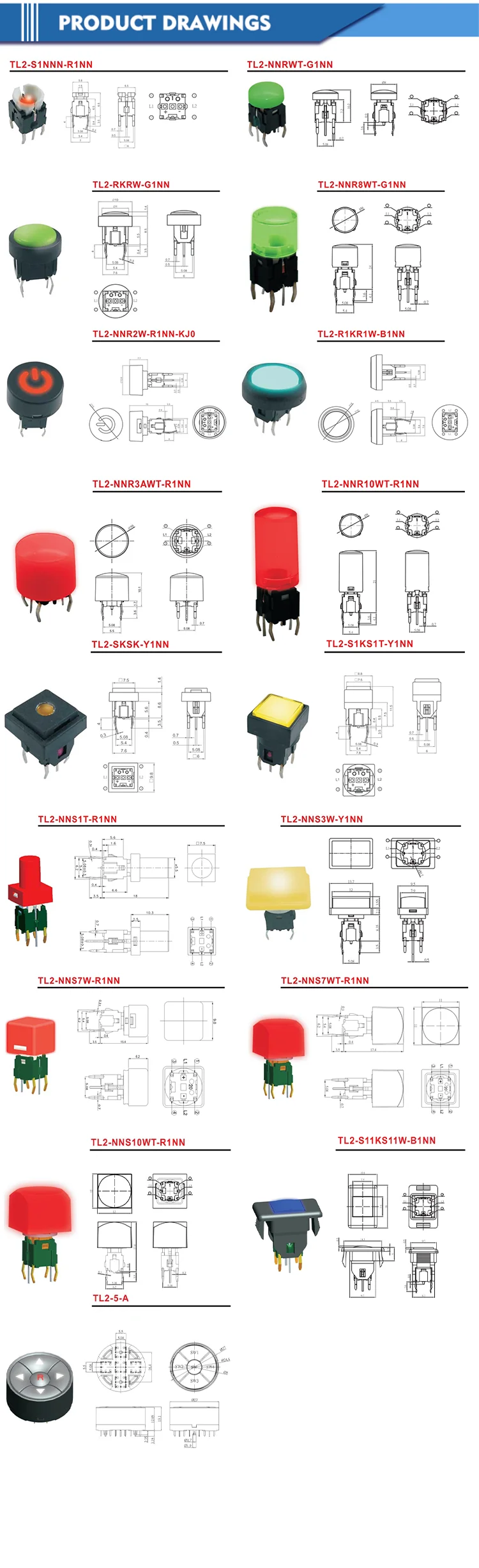 Lakeview Series TL2  50mA 12V DC Various caps are available Red green blue yellow white lights smd tact switch