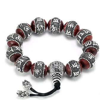 Tibetan Om Mani Padme Hum Bracelet Natural Lobular Red Sandalwood Inlaid 925 Sterling Silver Buddha Mantra For Men Women Lovers