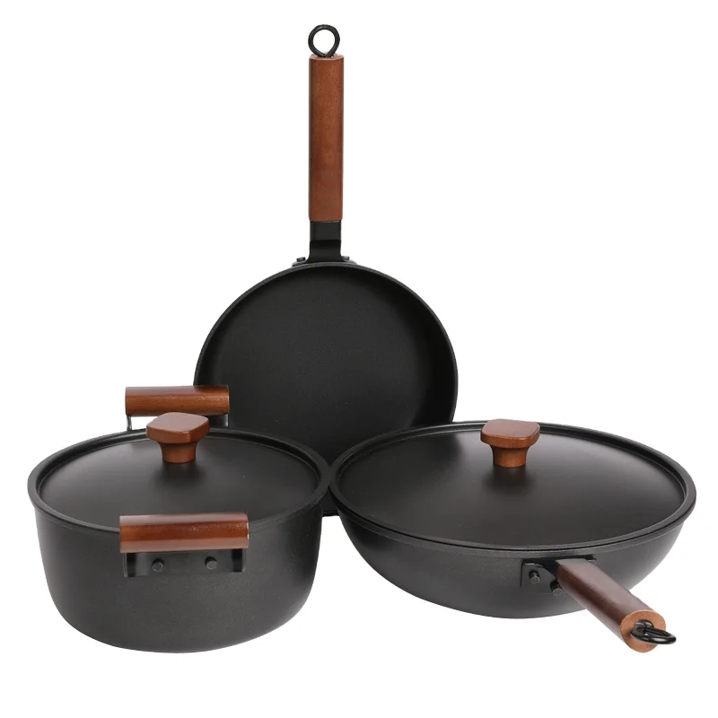 cookware set with wooden handles