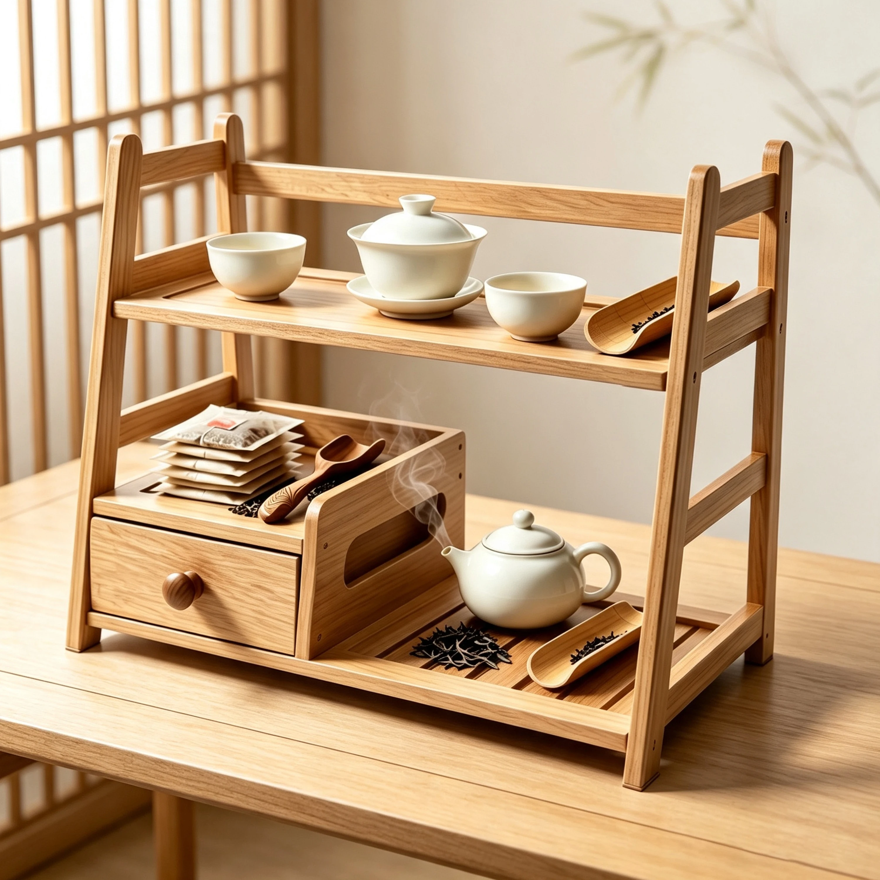 product bamboo tea matcha coffee station with drawer tea rack countertop tea bag display shelf tea station storage rack for kitchen-2