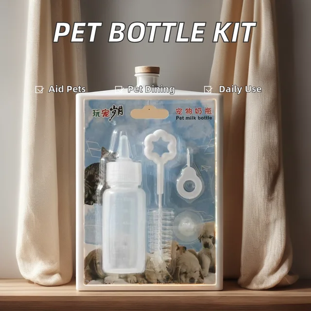 4-Piece Pet Feeding Milk Bottle Kit Plastic Kitten Bottle Squeezable Liquid Puppy Nursing Replacement Mini Nipples Dog Food