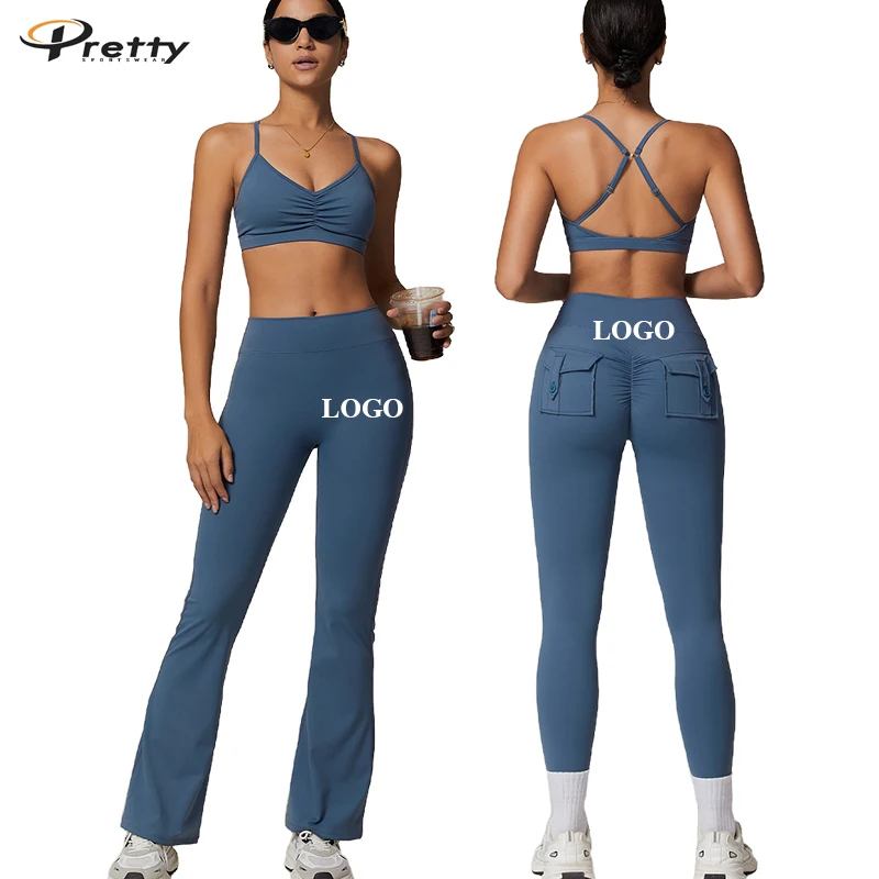 2024 New Arrivals Custom LOGO High Waist Butt Lift Yoga Set With Pocket Women's Outdoor Suit Fitness Running Sports Set