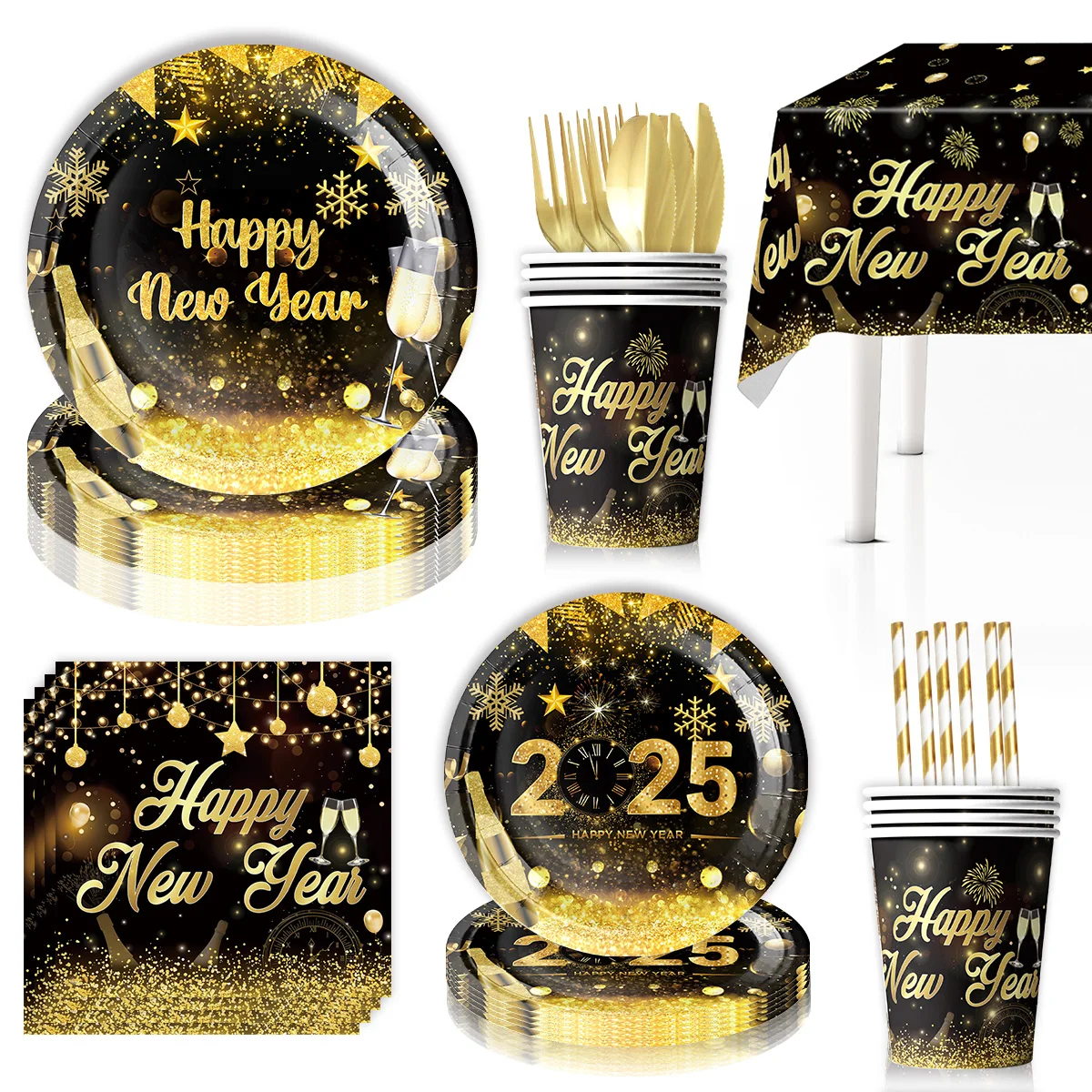 Black Gold Happy New Year Party Decoration Disposable Tableware Sets 2025 Party Holiday Supplies