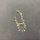 Gold White Gold Plated 3 Raw Chain Multi Layer White Beaded Tassel Bangle Bracelet