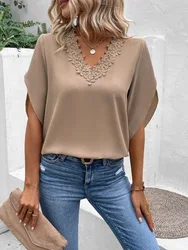 2023 Women Summer Tops Shirts Blouse New Solid Color T-shirt Lace V-neck Flare Sleeve Europe Casual Loose Shirt Blouse