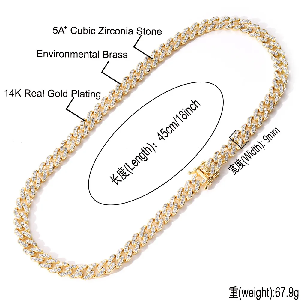 Hip hop men women lover bracelet necklace jewelry,9mm copper iced out zircon diamond gold silver cuban chain bracelet necklace