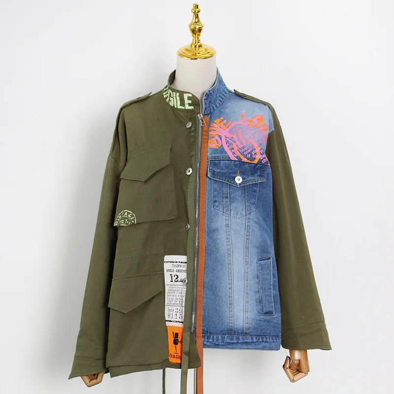 2023 Autumn High Quality Lapel Long Sleeve Denim Patchwork Vintage Coat Women Jacket