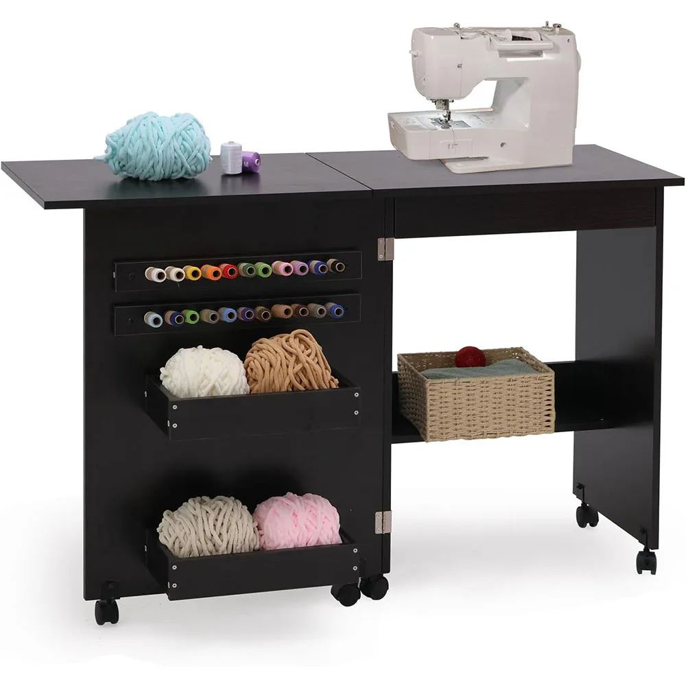 Modern Designed Dark Brown Folding Sewing Table Wood Panel Multipurpose Craft Station & Side Desk Compact Design Wheels Locks factory