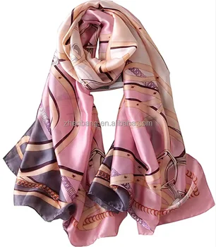 Wholesale women's scarves hijabs luxury brand design Foulard chain printed head scarf custom Beach Stoles long silk scarf