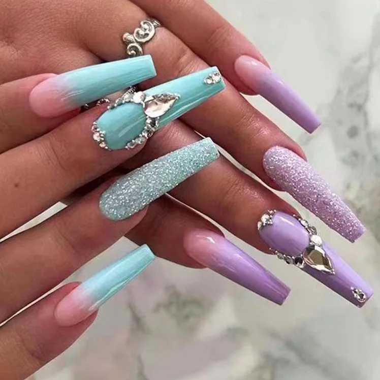 Romantic Rain Custom Press On Full Cover Acrylic Nails Ombre Shining Diamond Sequins Long French Blue Pink 24Pcs/Box Blind Box