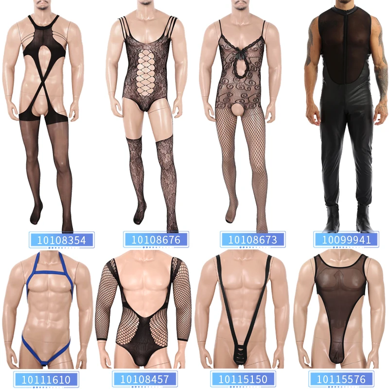Mens Soft See Through Sheer Halter Neck/Long Sleeves/Hollow Out/Crotchless Stretchy Tights Full Body Pantyhose Stocking