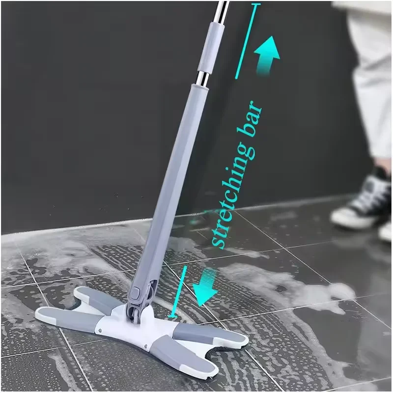 X-shaped lazy flatbed mop with steel handle, plastic rectangular head, hands-free squeezing water, floor cleaning