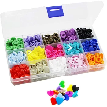 150 Sets KAM Snaps Heart Shaped with Storage Box, Size 1/2inch T5 Glossy Plastic Resin Fasteners No-Sew Buttons for Bibs