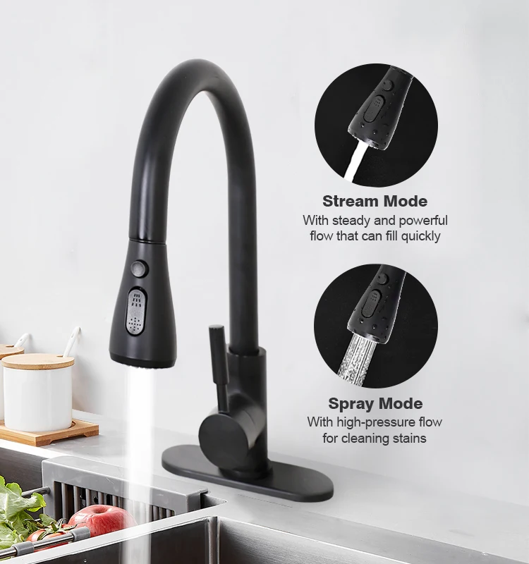 2021 Black stainless steel pull out kitchen faucet flexible hose upc nsf 61-9 kitchen faucet