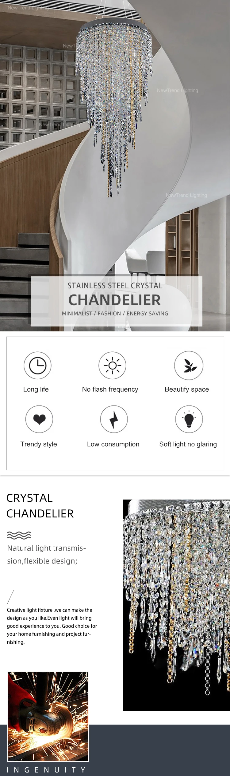 CPL-115 Modern Design Indoor Decoration Hotel Lobby Villa Staircase Luxury Crystal Custom Chandelier details