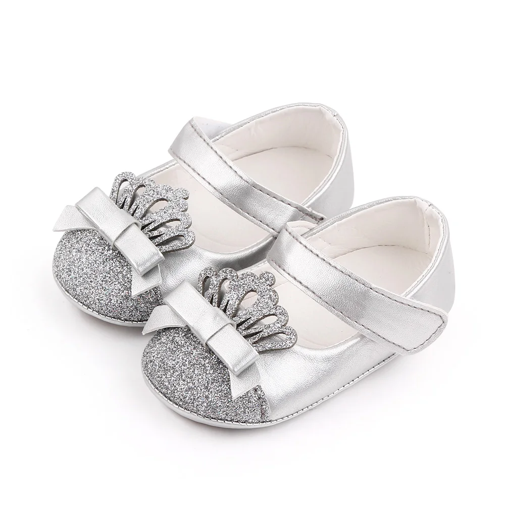 Shiny Solid Color Glitter Crown Bow Decorated Infants Princess Shoes for Baby Girls factory
