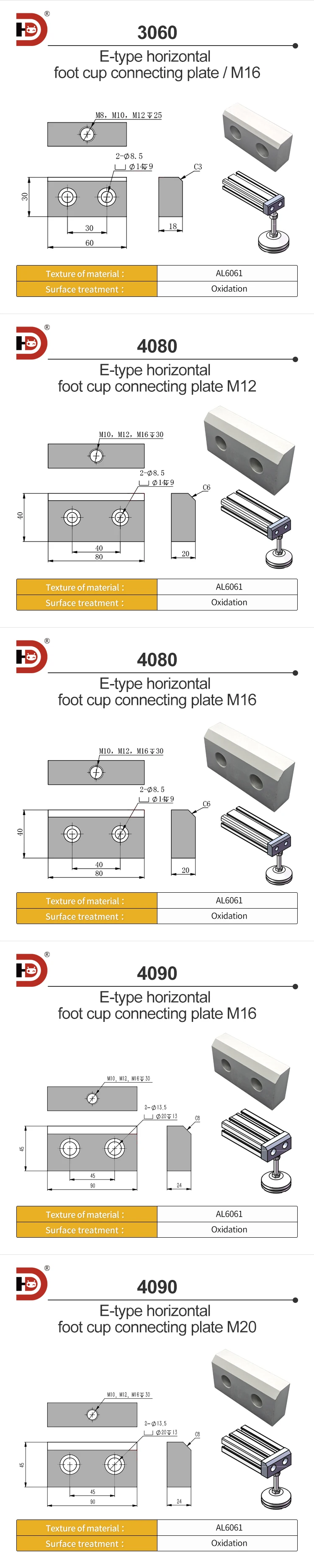 Aluminum Profile Horizontal Foot Cup Caster Connection Plate 3060/4080/4590 Caster Support Base Plate Foot Cup Fixing Part details