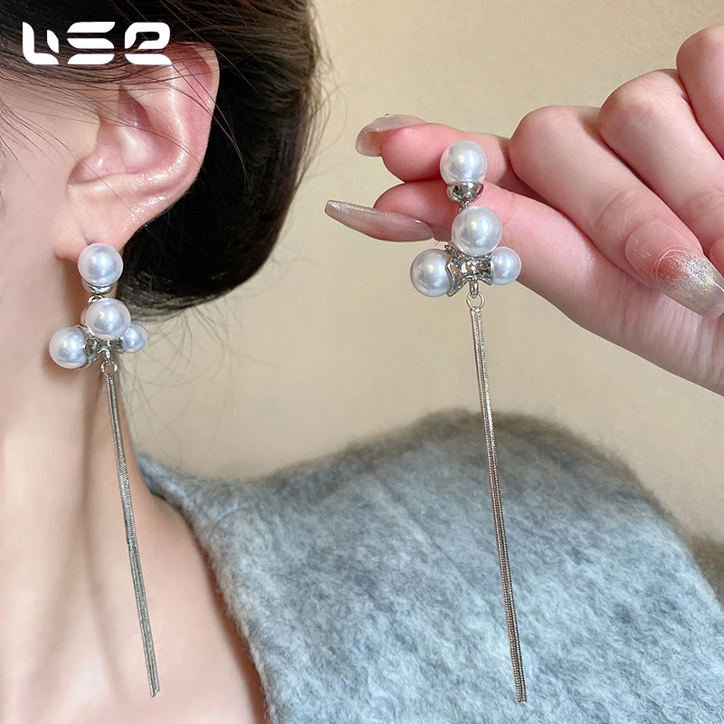 S925 sterling silver fashion simple personalized pearl long tassel earrings for women
