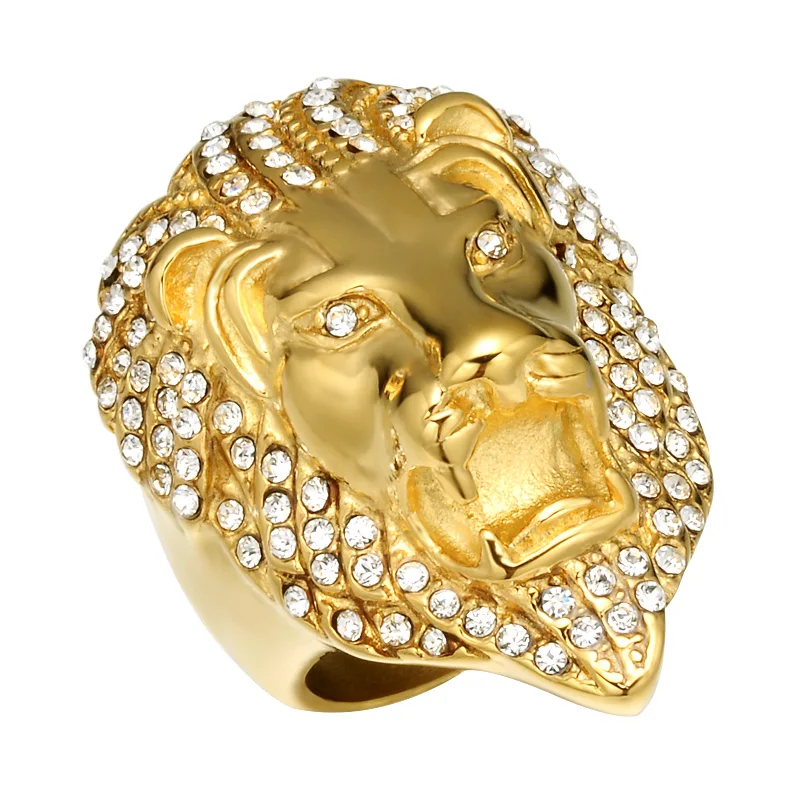 Micro Pave Rhinestone Iced Out Bling Lion Head Mens Ring IP Gold Filled Titanium Stainless Steel Rings for Men Jewelry