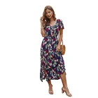 Fashion Women New Fashion Boho Floral Printed Short Sleeve Dress Ruffles Lace Spliced Slit Women Casual Dress