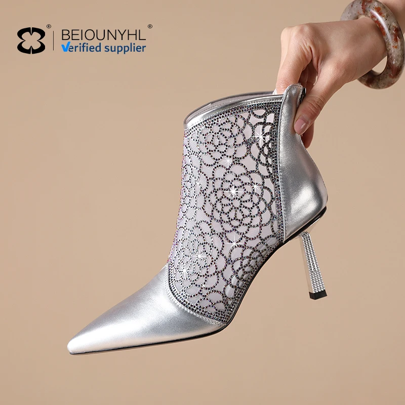 Hot -selling hollow lace air breathable mesh rhinestones mouth high -heeled women shoes sandals Women's boots