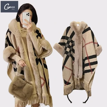 Candice Europe 2021 loose patchwork color faux fox wool collar knitted shawl poncho ladies winter fur cardigan coats