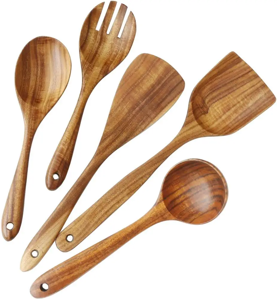 No stick cooking wooden kitchen utensils set natural material