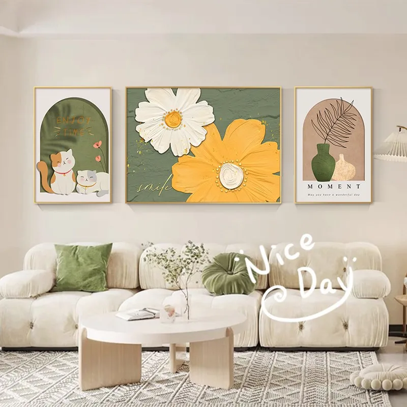 Floral Cat Gallery Wall Art Set Canvas Print Yellow White Daisies Green Earthy Tones Minimalist Whimsical Living Room Home Decor