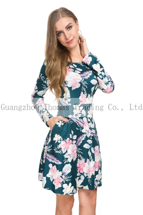 Latest Style Fancy Women Clothing Full Sleeve Knee Length Floral Dress For Spring Fall
