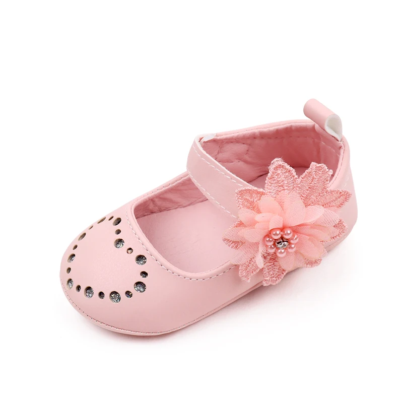 PU Leather Hollow Heart Rhinestones Lace Embroidery Flowers Solid Color Baby Girls Princess Shoes factory