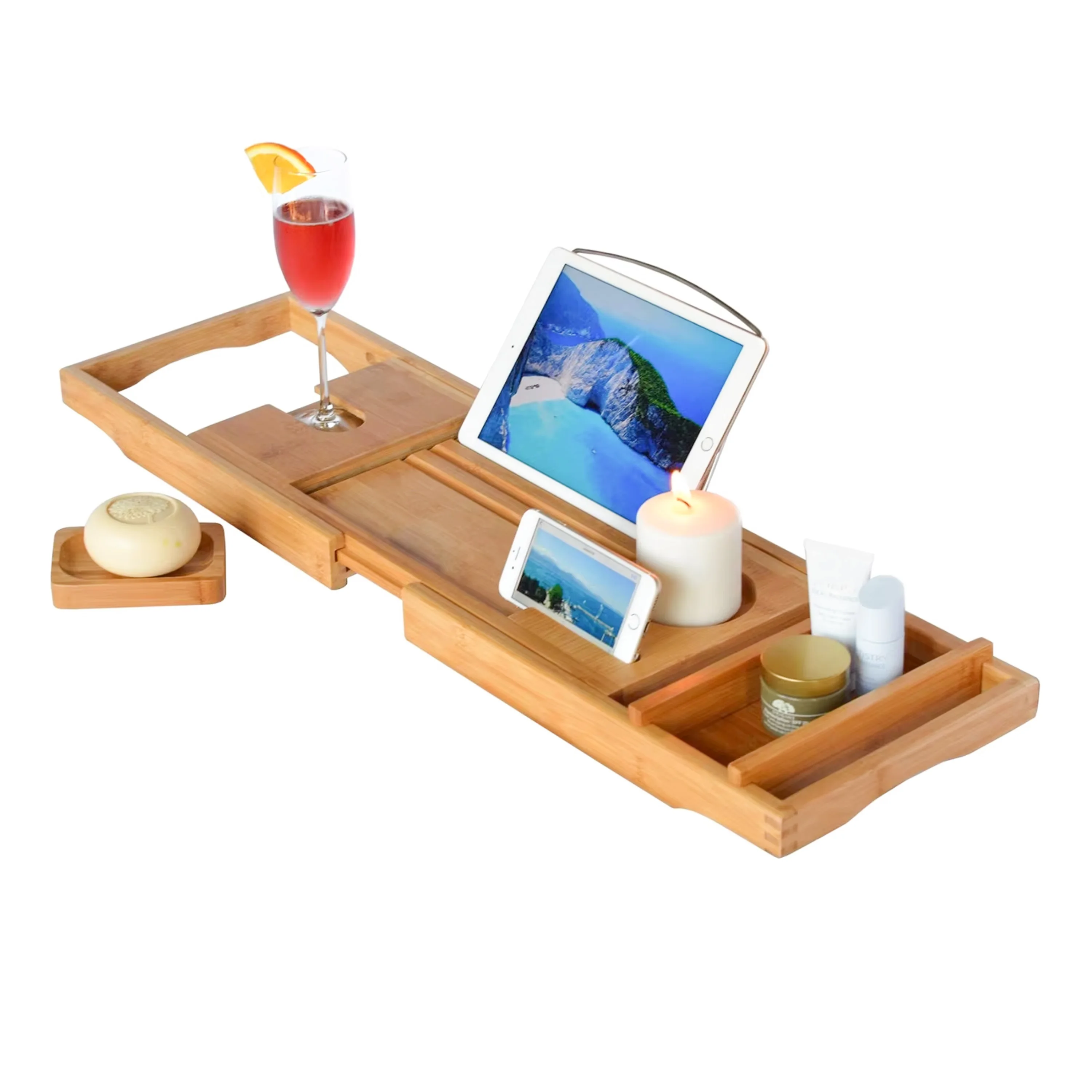 product luxury spa bathroom organizer bamboo bathtub caddy tray extendable bath tub tray with wine glass device holder-7