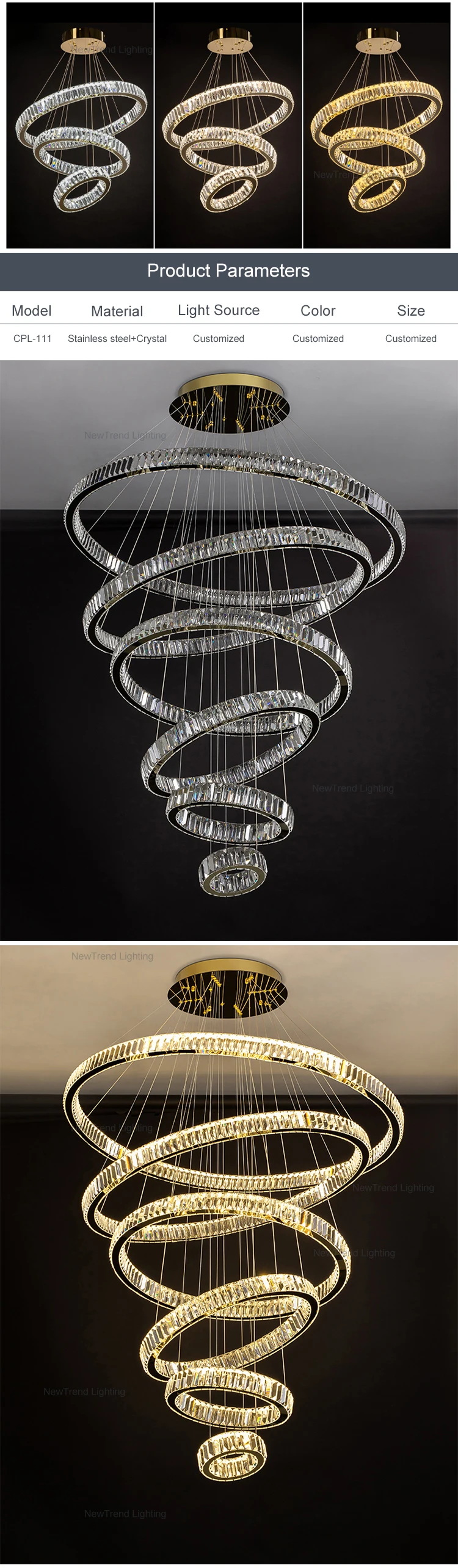 CPL-111 Luxury Style Hotel Lobby Villa Staircase Decoration Custom Modern Gold Ring Chandelier Lighting details