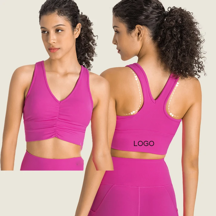 Shockproof Push Up Gym Running Tops Anti Bacterial Front Scrunch V Neck Athletic Crop Tops Padded Sports Bra Tank Tops
