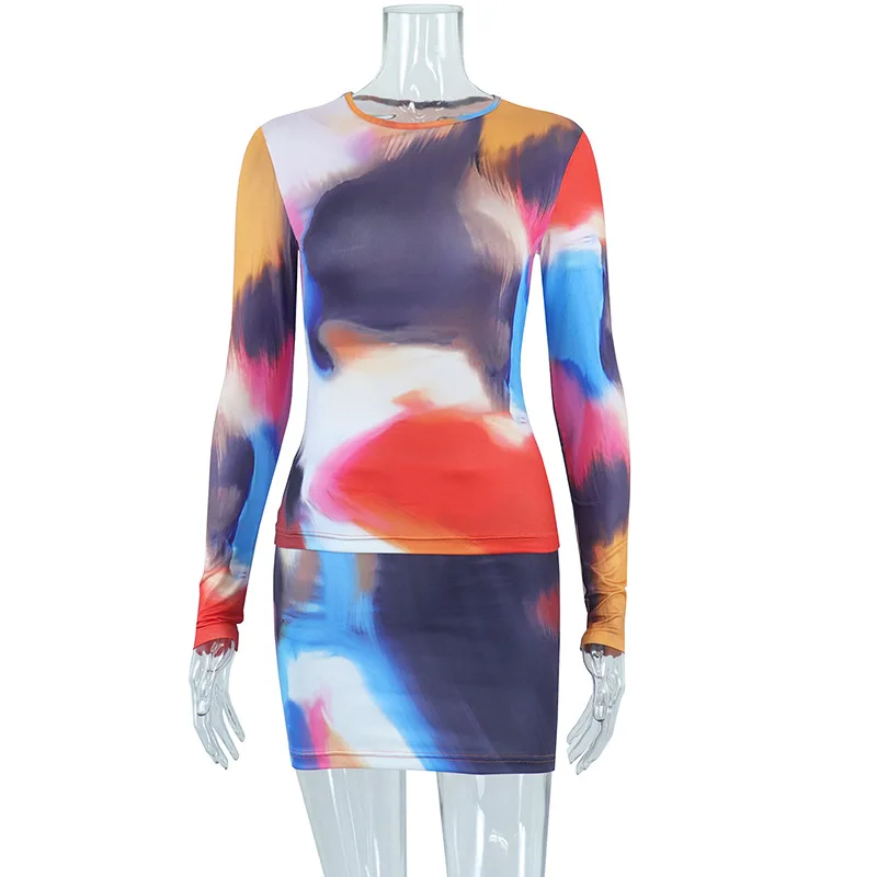 2023 New Arrivals Spring Fall Tie-Dye O-Neck Long Sleeve T-Shirt And Mini Skirt Sexy Two Piece Skirt Set Women
