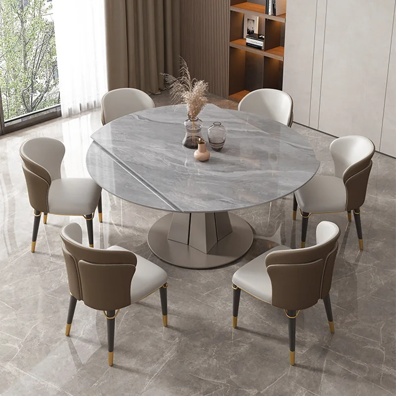 Luxury Modern Marble Extendable Folding Round Dining Room Table And Chairs Set Furniture Dining Tables With Rotating Centre