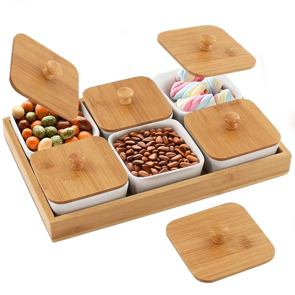 Candy and Appetizers Snacks Condiments XHHXPY Ceramic Snack Serving Tray 5 Compartment Ceramic Bowl and Lid for Bamboo Wood Tray Appetizer Tray and Desserts Serving Tray for Food 