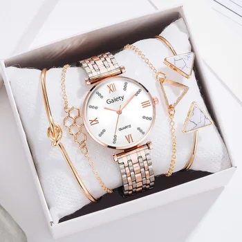 6PCS Set with box Watch Women wrist Luxury box Crystal Diamond Rose Gold Ladies Wrist Watches Bracelet Female Clock Gift