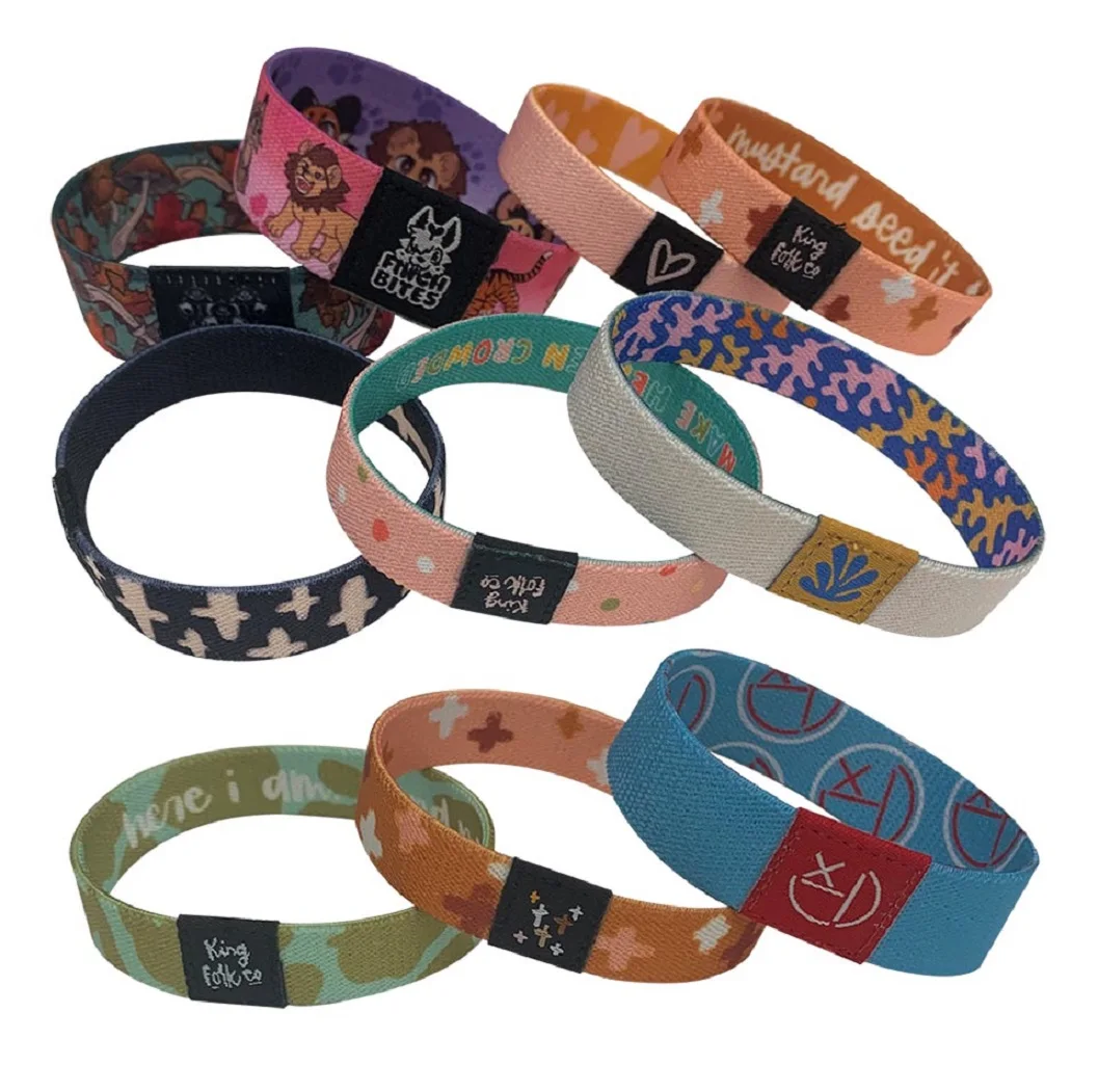 Cheap Custom Logo Full Color Print Party Sport Basketball Festival Polyester Bracelet Sublimation Fabric Woven Vibrant Elastic Bracelet Sublimation Wristbands