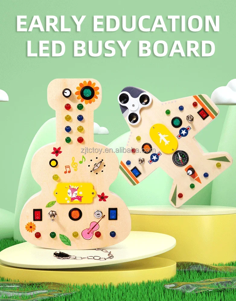 Planche occupée Montessori pour tout-petits de 1 an et plus, interrupteur de lumière LED, avion en forme de violon, planche sensorielle, jouets d'usine