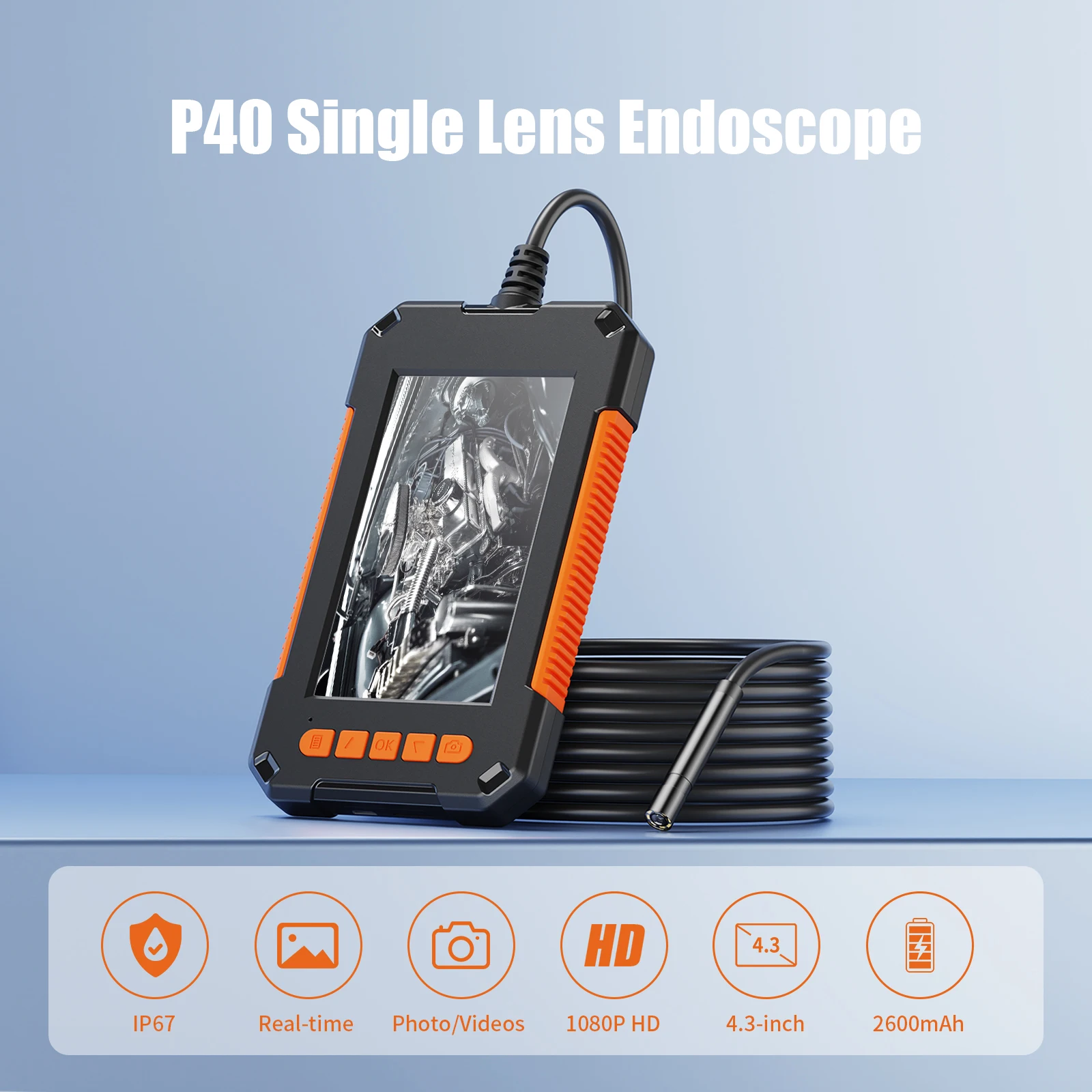 P40 8mm Ip67 Waterproof Endoscope 1920 X 1080p 4 3 Inch Color Display