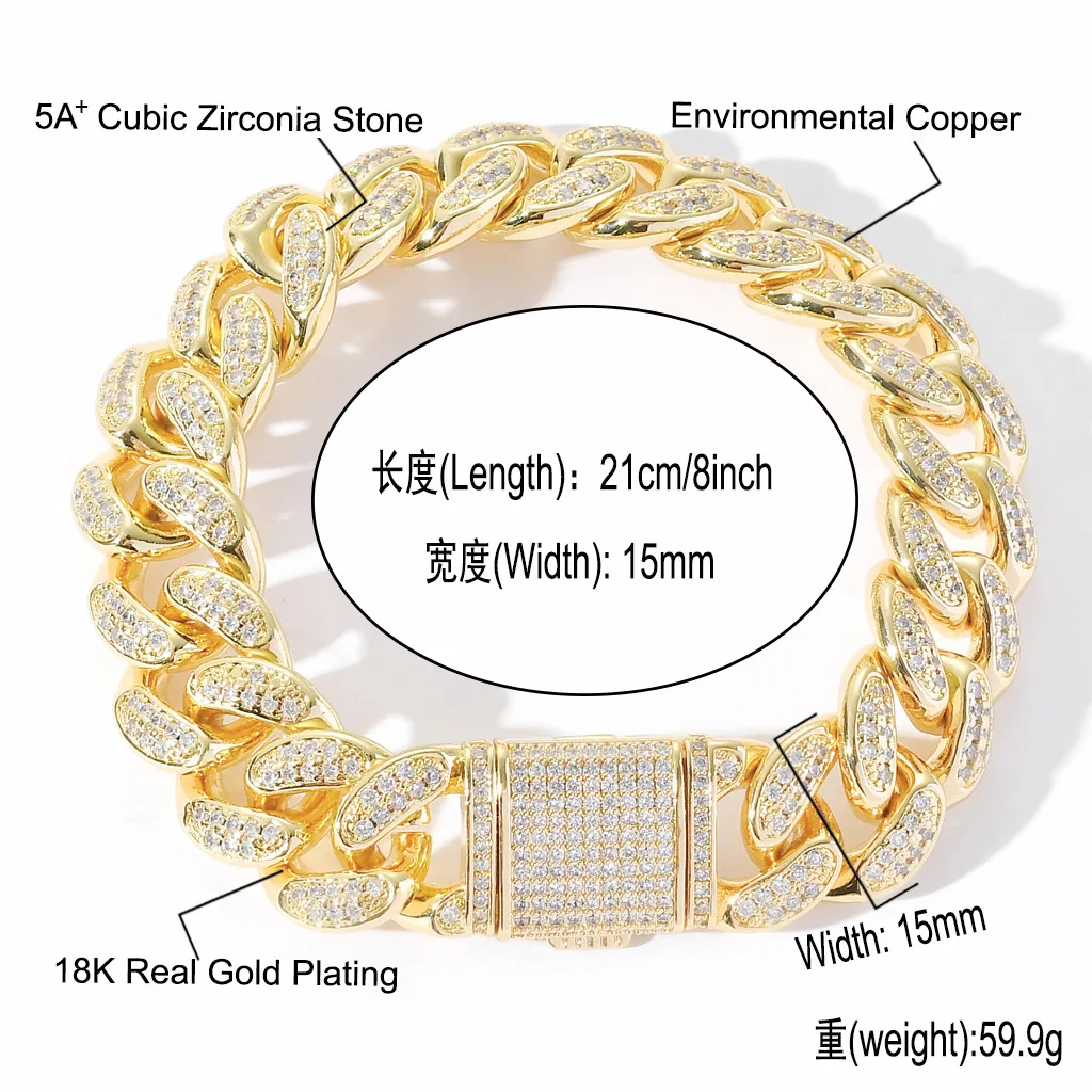 15mm 7" 8" copper brass gold silver cuban chain bracelet iced out cubic zircon,blingbling hip hop bracelet jewelry