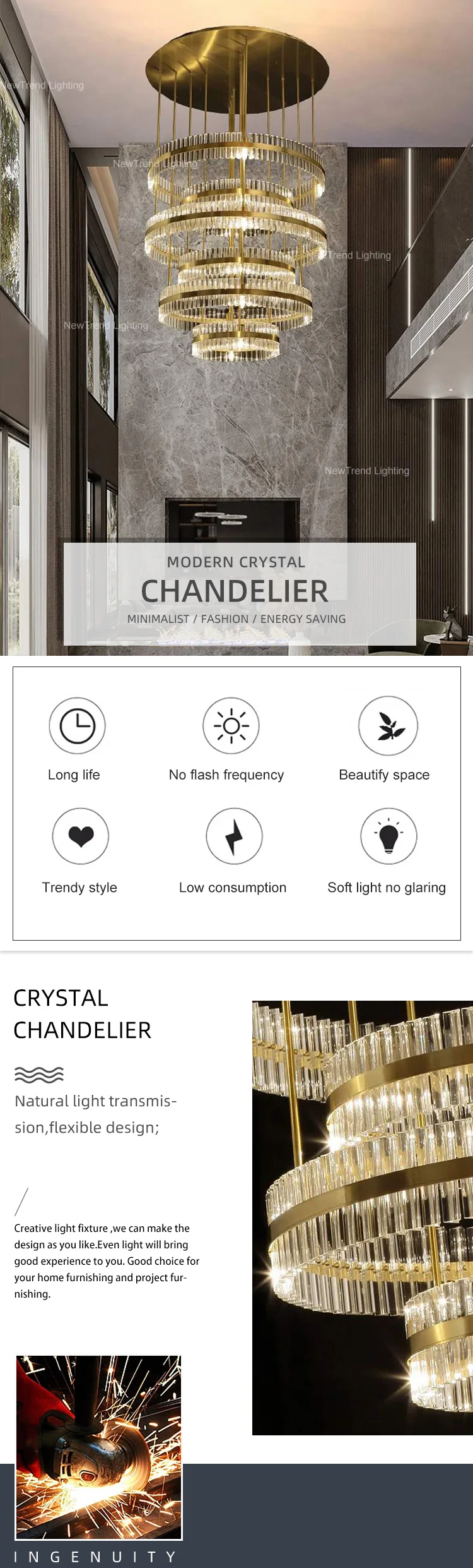 CPL-185 Contemporary Design Indoor Decoration Hotel Villa Staircase Modern Ring Metal Crystal Luxury LED Chandelier Pendant Light supplier
