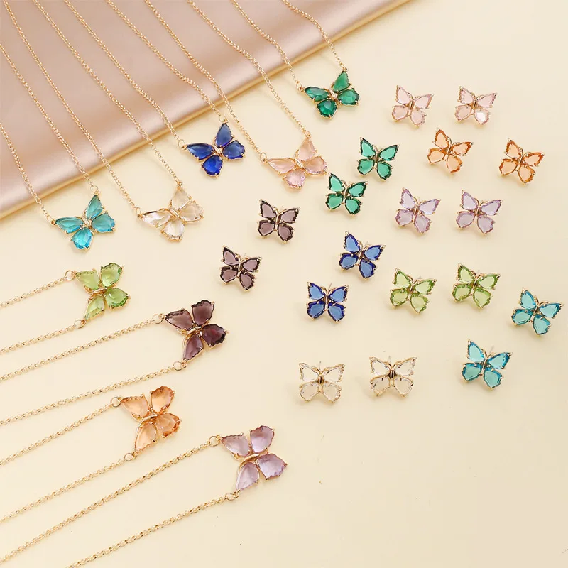 Fashion Personality Butterfly Necklace Earring Set Girls Colorful Zircon Flower Earring Custom Butterfly Stud Earring For Women_1