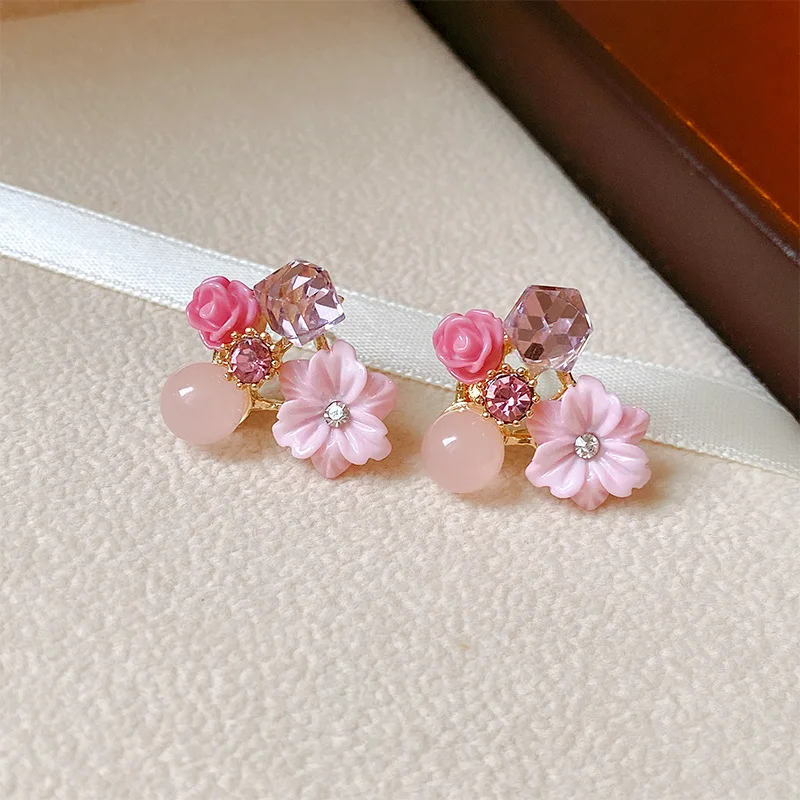 Noble Purple Crystal Flower Stud Earrings For Woman 2024 Korean Fashion Jewelry Wedding Party Girl's Earring