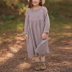 Custom girls clothing muslin cotton linen dresses for girls autumn long sleeves cute solid color casual baby toddler dress