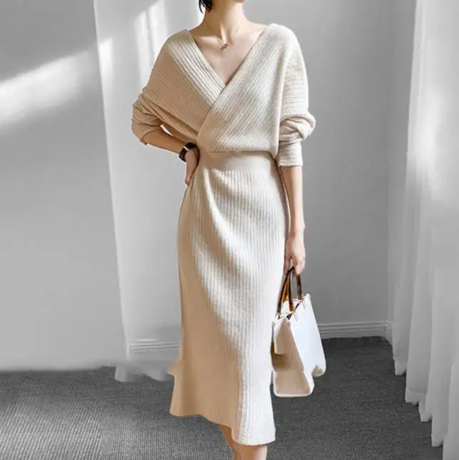 Knitted Sheath Dress For Women Autumn Winter French Elegant Cross V 