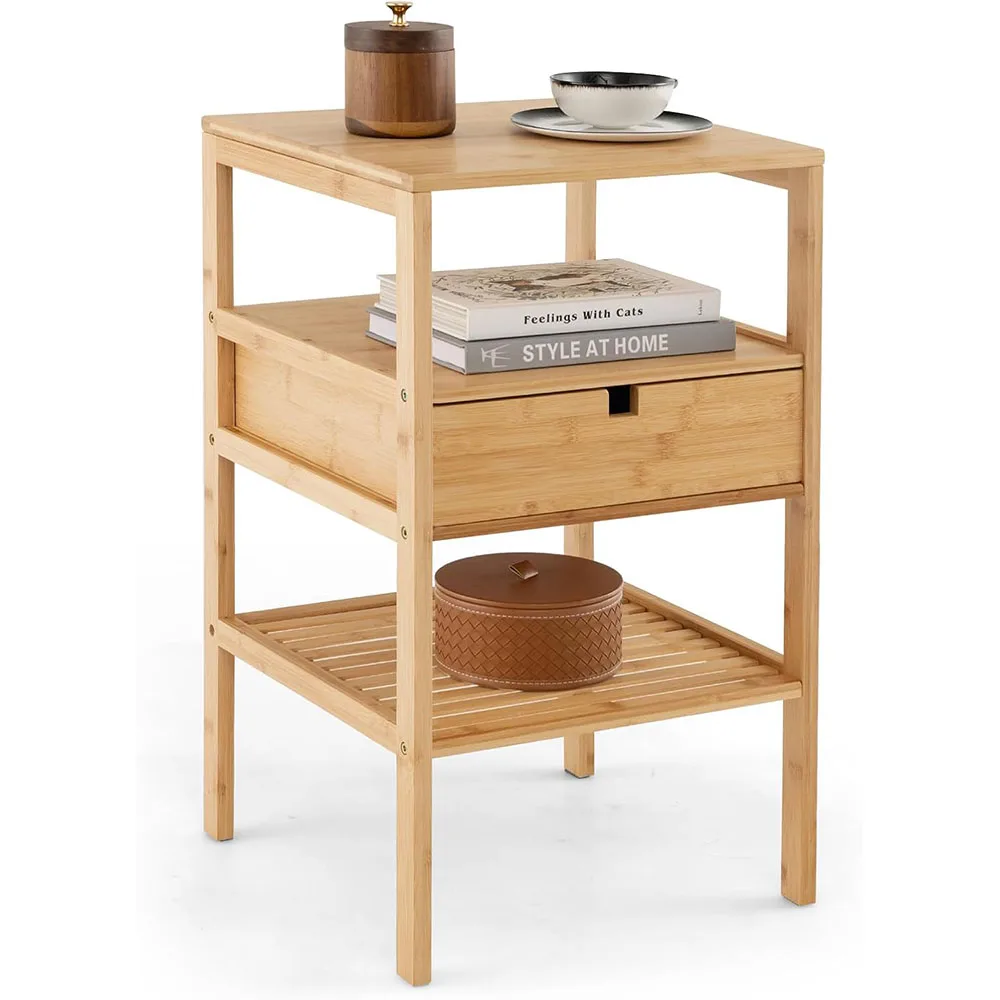 product bamboo nightstand with 2 storage shelves drawer multifunctional wood side table for small bedroom spaces accent design style-8