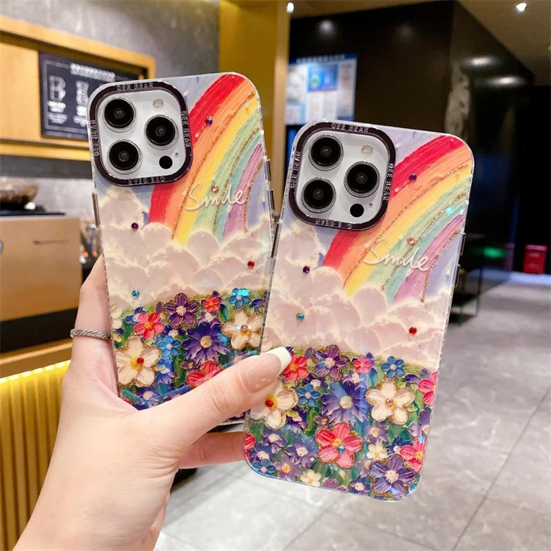 New Creative 3D Drip Glue Rhinestone Rainbow Flower Phone Case For iPhone 15 14 13 12 Pro Max Oil Painting Phone Case With Charm
