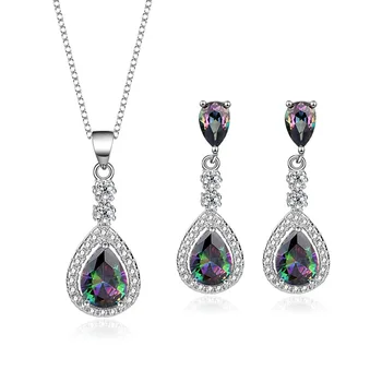 925 Sterling Silver Inlaid Water Drop Colorful Cz Diamond Necklaces Earrings Set Women Fashion Custom Jewelry Set