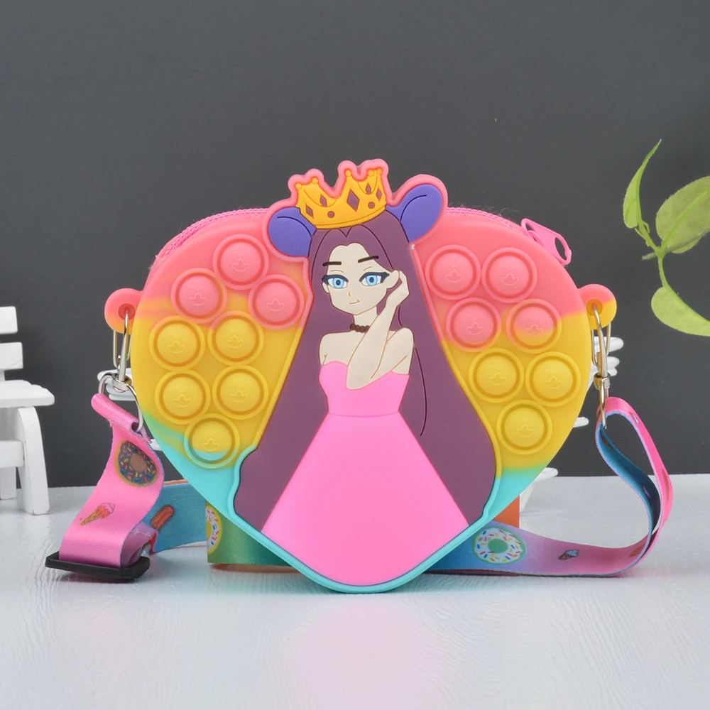 Custom cheap good cartoon adjustable shoulder strap silicone coin purse cute princess wallet bag girl silicone handbag